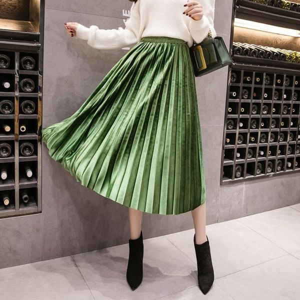 

skirts bgteever 2021 spring summer women velvet skirt high waist large swing metallic long pleated femme plus size 3xl midi saia, Black