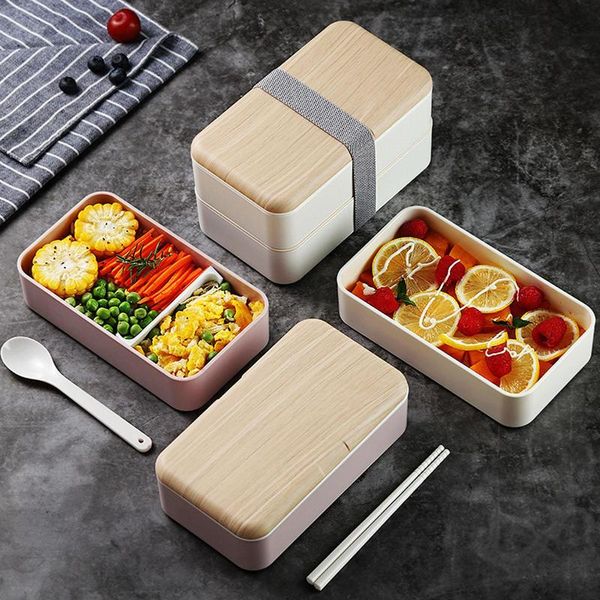 

dinnerware sets double layer wood grain lunch box bento boxes for students office work multifunctional microwave storage
