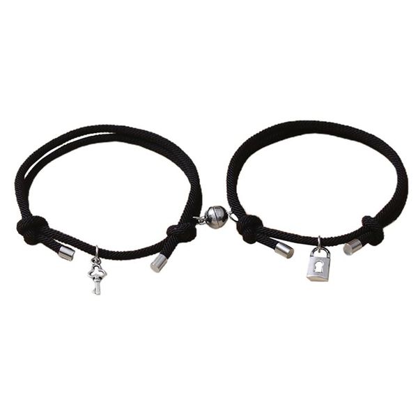 

charm bracelets 2pcs/set paired bracelet with magnets classic key lock braslet gifts for couples elastic hair rope friendship brazalete joya, Golden;silver