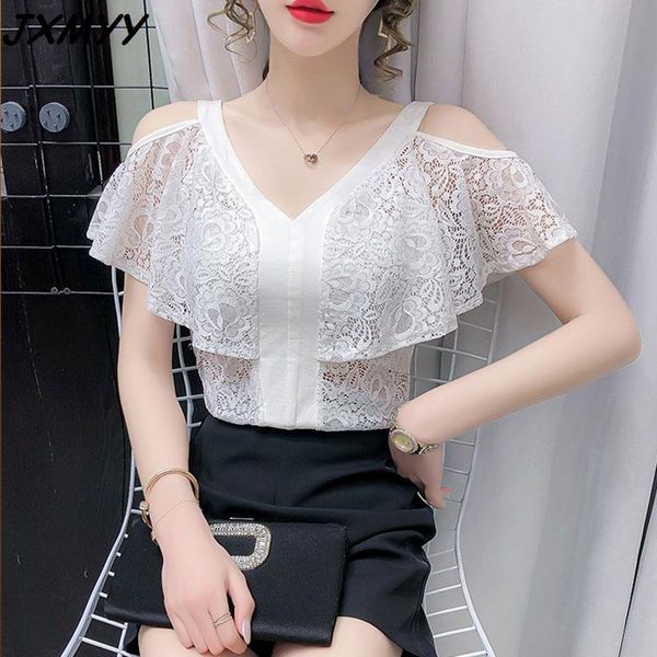 

women's t-shirt 2021 summer style lace strapless ruffled short-sleeved fashion all-match korean jxmyy size s-3xl, White