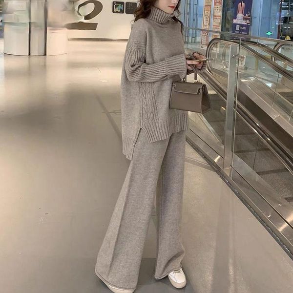 

women's tracksuits sweater set women tracksuit spring autumn knitted suits 2 piece warm turtleneck pullovers wide legs pants, Gray