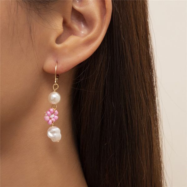 

ethnic style daisy imitation pearl dangle earrings metal rice beads tassel ear buckle european women business party dress flower earring jew, Silver