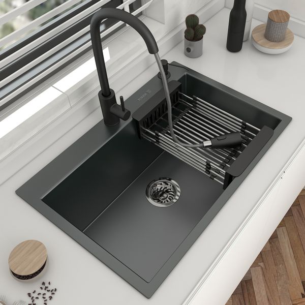 304 pia de cozinha de aço inoxidável topmount única tigela DarkGray lavagem Bacia para fixação em casa com acessórios de drenagem de torneira de cozinha
