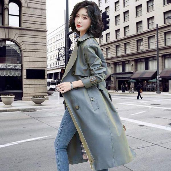 

women's trench coats middle long korean version 2021 over knee double breasted slim temperament early spring and autumn coat woman, Tan;black