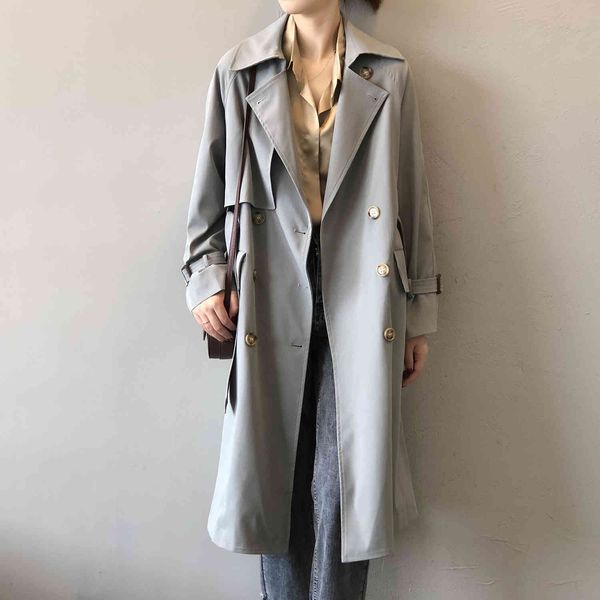 

women's trench coats autumn classic casual belt fashion chic double breasted loose long outwear cif3, Tan;black