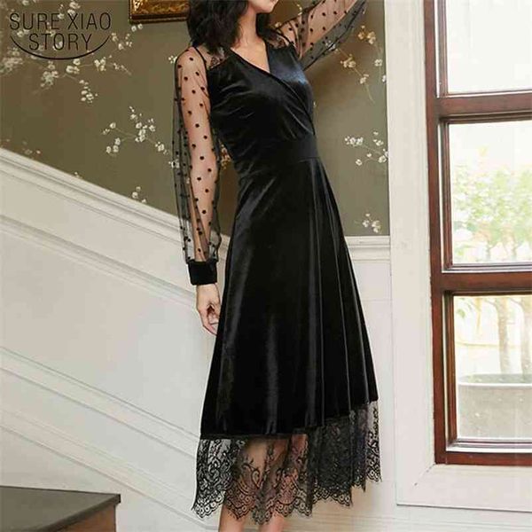 

spring fashion velvet women lace dress black long vintage sleeve mesh for v-neck robe femme 13084 210508, Black;gray
