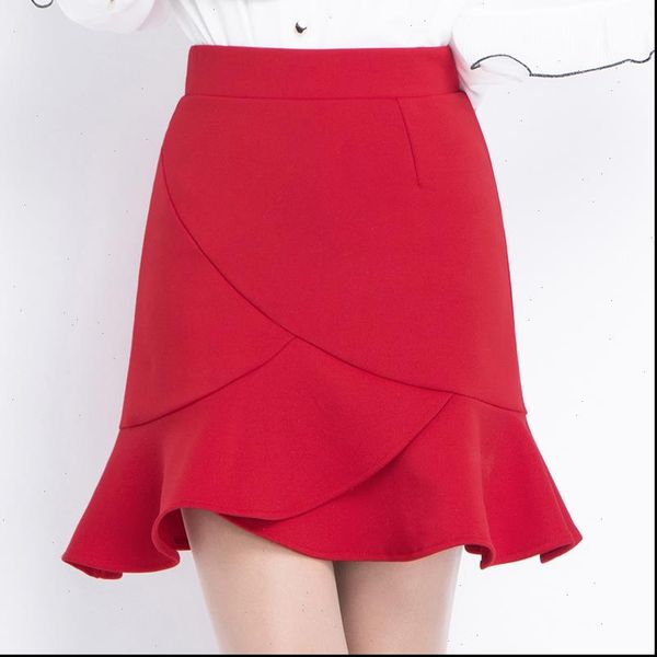 

knitted red korean style women skirts short hip urban commuter ol high waist ruffled chic fishtail, Black