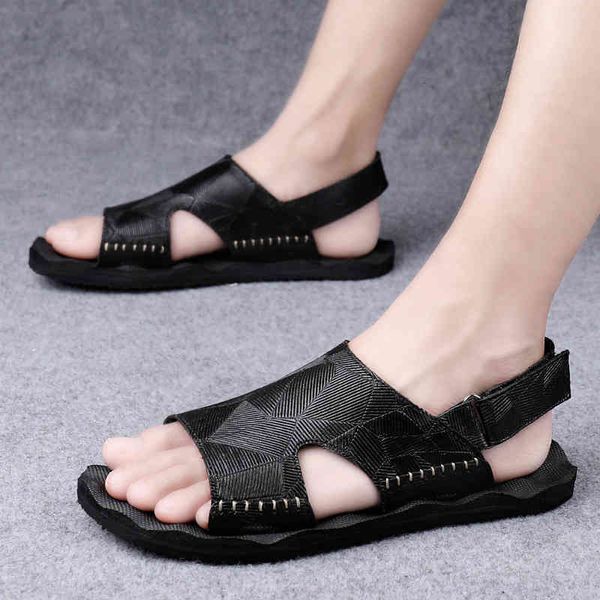 

slippers men sandals fashion summer outdoor shoes genuine leather casual breathable beach slippers flats non-slip lightweight designers q2kl, Black