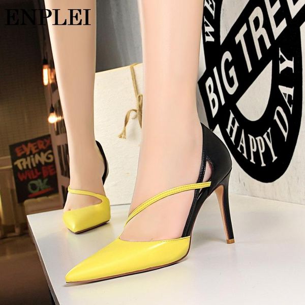 

dress shoes enplei high heels women summer sandals shallow mouth pointed thin heeled ladies party banquet pumps size 34-40, Black