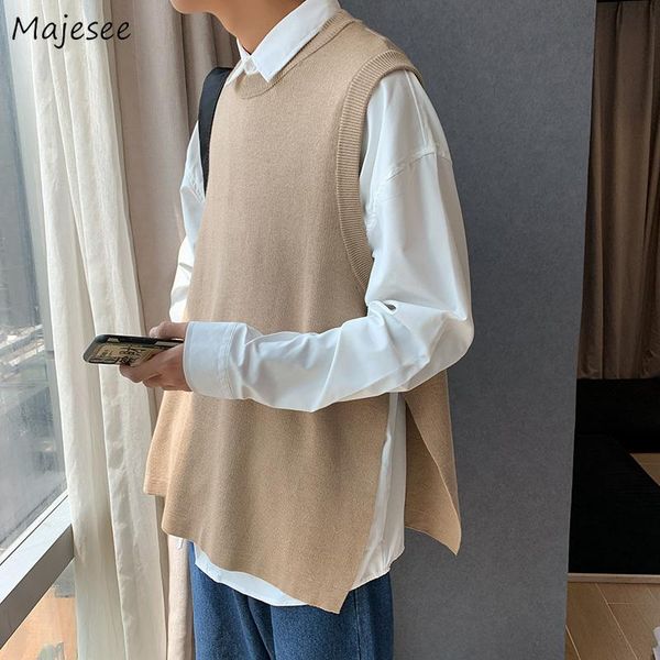 

sweater vest men solid loose casual side-slit button o-neck fashion chic harajuku streetwear all-match simple retro college cool men's, Black;white