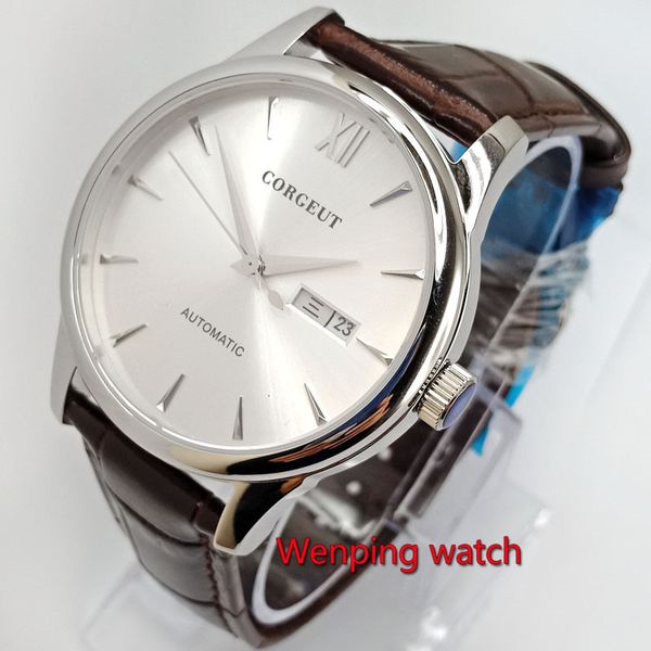 

40mm corrugated sier white index plate week and date with brown pattern belt automatic gentlemen watches w2767, Slivery;brown