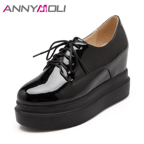 

dress shoes annymoli spring women high heels increasing platform wedges heel pumps patent leather lace up round toe ladies, Black