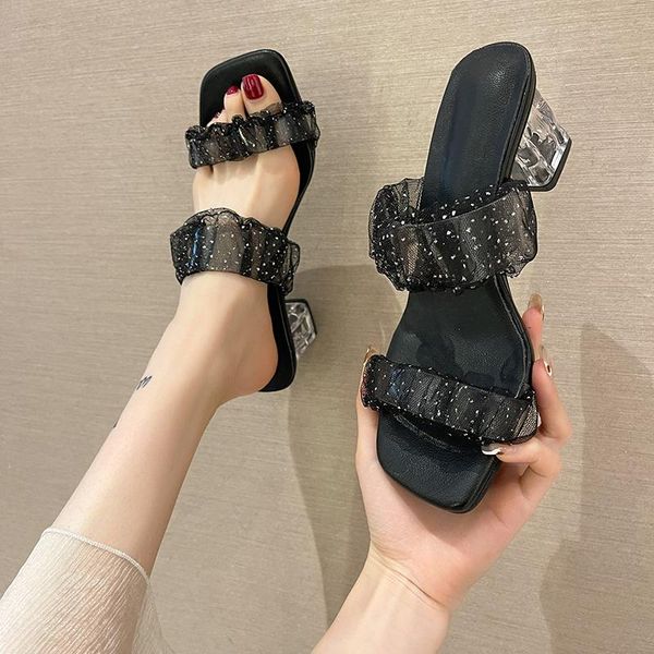 

sandals 2021 fashion summer lace open toed high heels women transparent heel slippers pumps comfort square root, Black