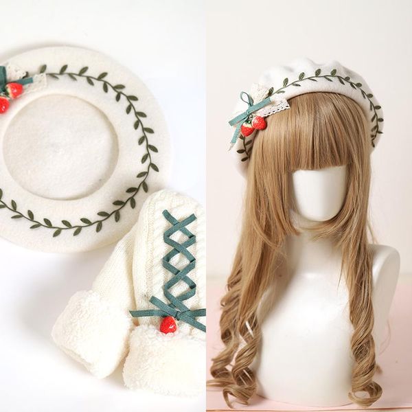 

party masks lolita autumn and winter beret hat sweet lovely strawberry green leaf seriesc head accessories gloves ear-cap h