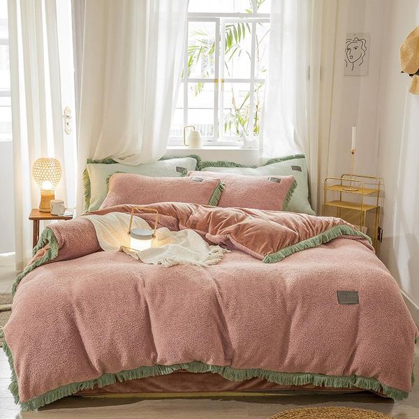 

bedding sets pink green blue gray winter flannel velvet girl set berber fleece tassels duvet cover bed linen sheet pillowcases fitted