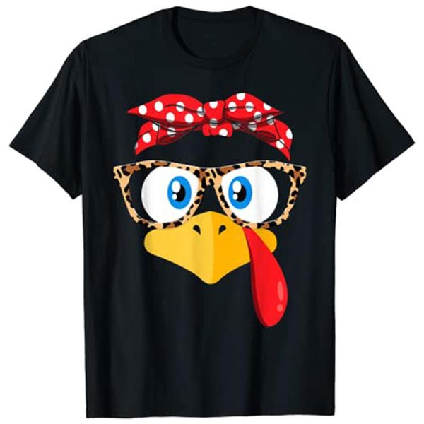 

women's t-shirt thanksgiving turkey face leopard print glasses women girls, White