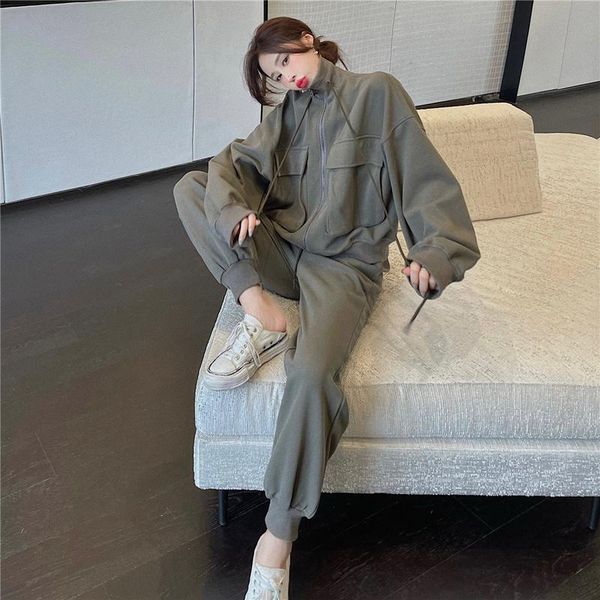 

women's two piece pants casual autumn zipper stand jacket fashion long sleeve sweatshirt loose hoodies jogger grey sweatpants harem sui, White