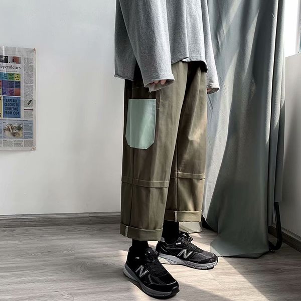 

men casual pants patchwork cargo loose elastic waist ankle-length all-match fashion male bottoms side pockets korean style chic, Black