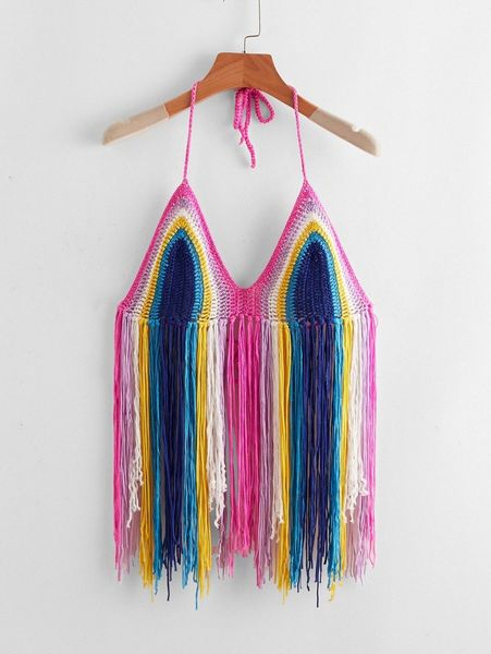 

fringe hem tied backless colorblock cover up l2ne#, White;black