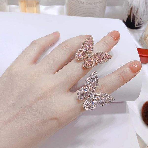 

cluster rings korean style butterfly for women light luxury temperament pink zircon hollow wholesale wedding jewelry kar082, Golden;silver