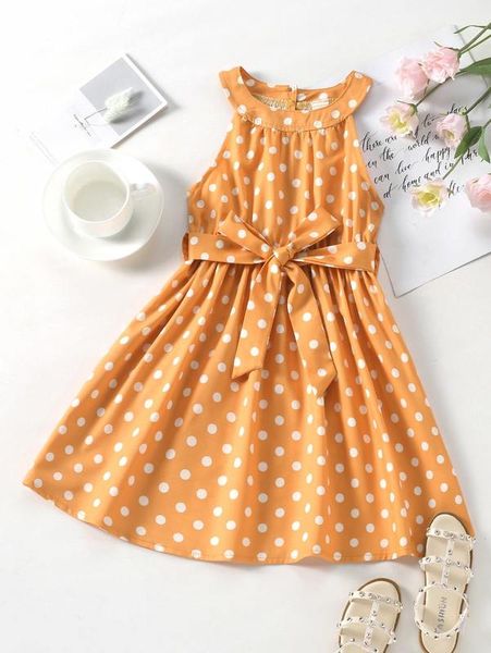 

toddler girls polka dot print belted halter dress she, Red;yellow