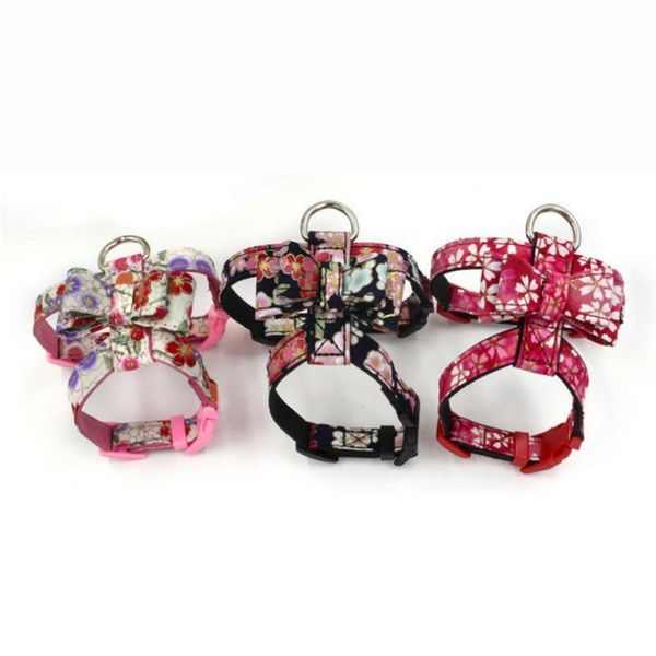 

adjustable collar for pets dog harness japanese style printed chest strap fabric bowknot walking outdoor cherry blossom powder collars & lea