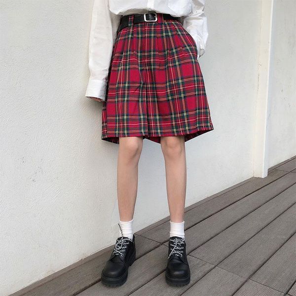 

women's pants & capris s-l spring 2021 summer high waist womens harakuju style fashion clothes vintage girl plaid wide leg shorts (x129, Black;white