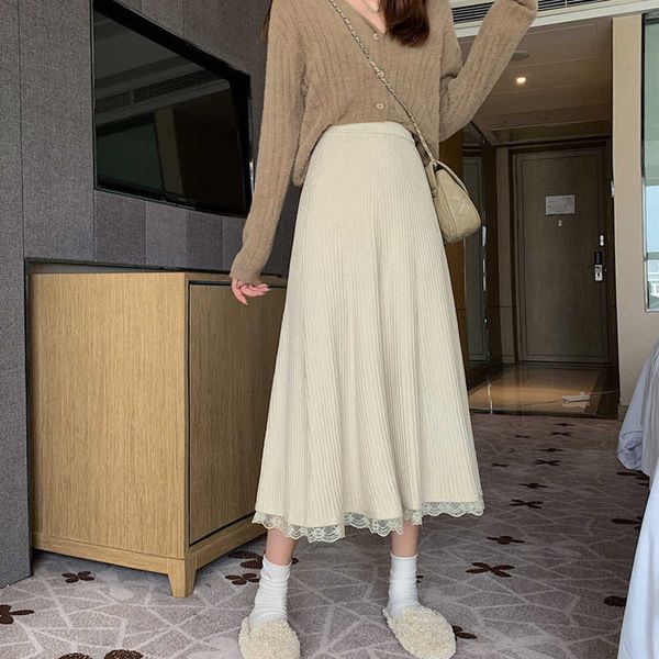 

skirts winter korean ribbed a line long women autumn vintage knitted lace elegant casual black high waist ladies midi ooxe