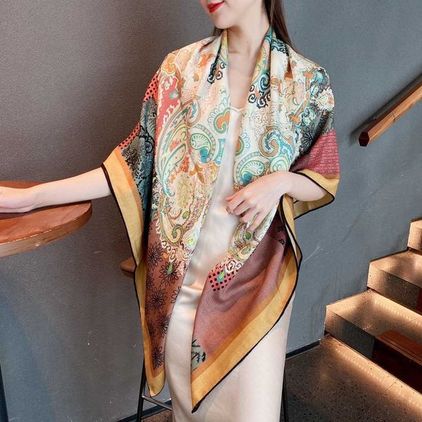 

70% cashmere 30% silk scarf women fashion boho ethnic tribal style shawl double-sided paisley flower kerchief stole 135*135cm q0828, Blue;gray