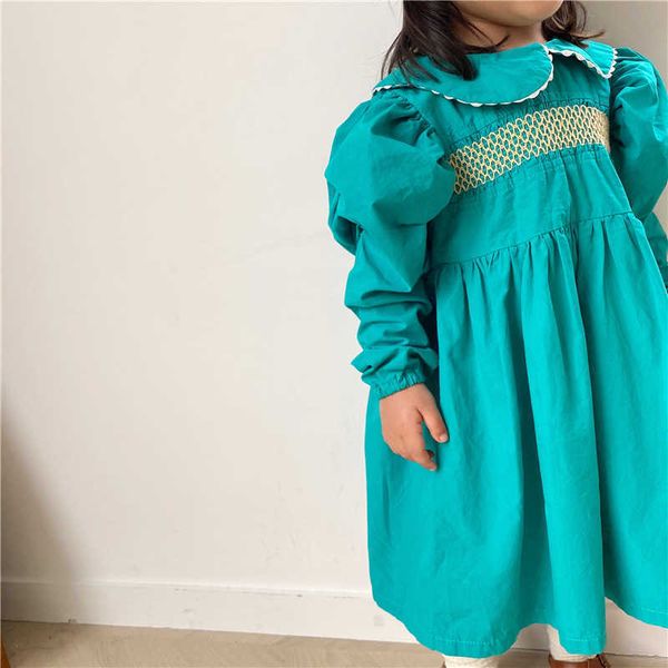 Abiti smock fatti a mano per bambine Abiti boutique per bambini Neonata Smocking Autunno Abiti di compleanno per bambini 210615