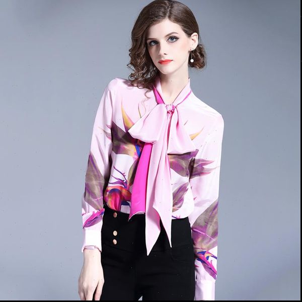 

autumn winter long sleeve women shirts designer retro print elegant runway office casual, White