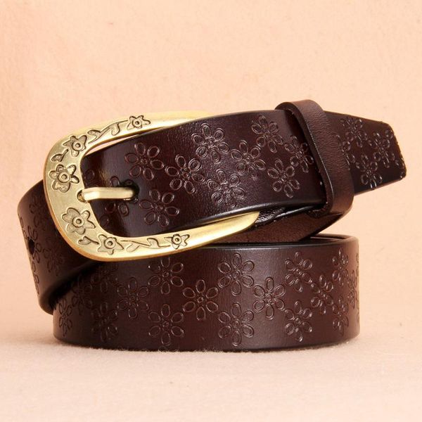 

belts women's retro embossed pin buckle genuine leather belt trend yellow cowhide all-match ladies, Black;brown