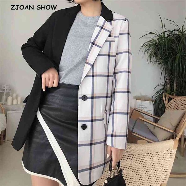 

autumn asymmetry stitching check gingham plaid blazer boyfriend friend style women contrast color suit coat fashion femme 210429, White;black