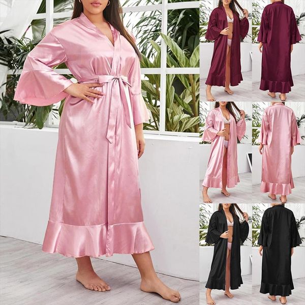 

elegant loose bathrobe lingerie bridesmaid women sleepwear robes bride underwear dressing gown casual plain long sleeve robe 5xl, Black;red