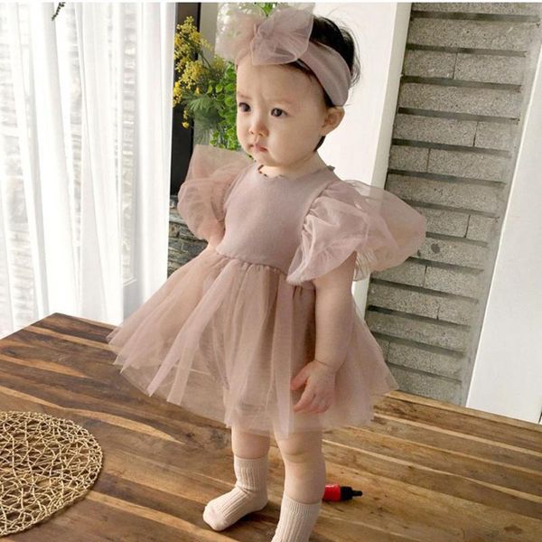 

summer infant baby gir cotton mesh puffy skirt bodysuit born girl puff sleeve solid princess bodysuits with headband jumpsuits, Blue