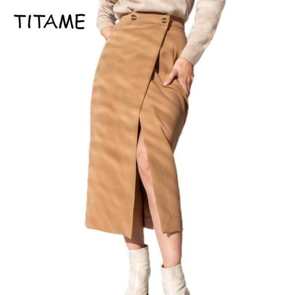 

skirts titame 2021 casual spring brown midi skirt women high waist split female wrap offices ladies button fashion, Black