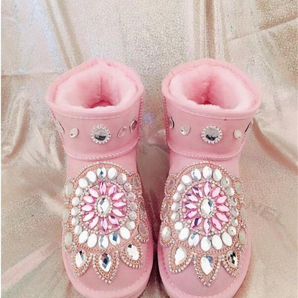 

boots 2021 winter handmade rhinestones leather snow women thick short tube cute pink warm cotton shoes students, Black