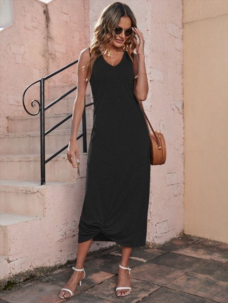 

v-neck twist hem tank dress 97mk#, Black;gray