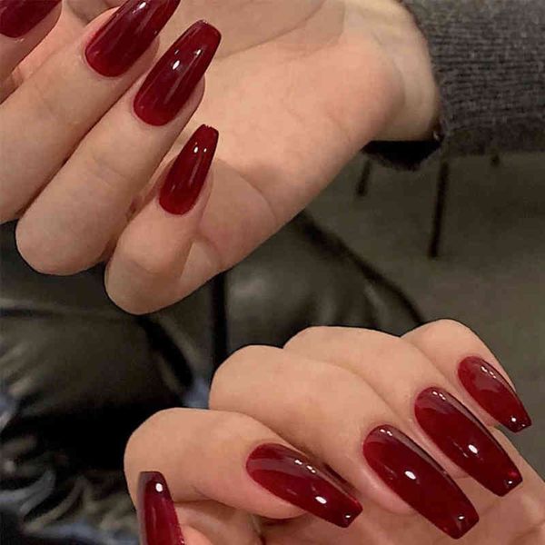 

false nails 24pcs long coffin false nails red wine colour artificial ballerina fake with glue full cover nail tips press on 220225, Red;gold