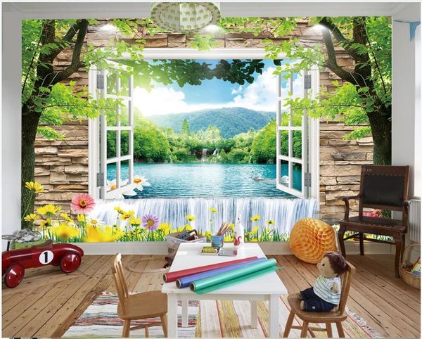 

wallpapers custom mural on the wall paper 3d brick window mountain waterfall scenery home decor po wallpaper in living room
