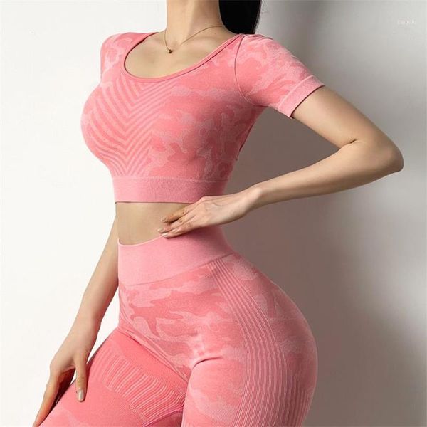 

yoga outfit women sets 2 piece crop leggings workout sportsuit gym wear seamless short sleeve sport set