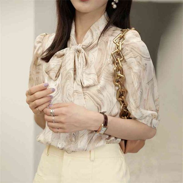 

bowknot chiffon shirts women summer half sleeve buttoned up shirt long blouse tied waist elegant blouses s-2xl 210601, White