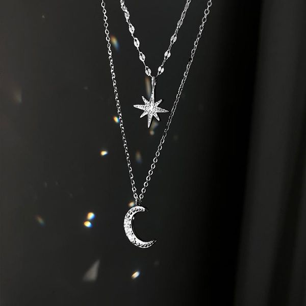 

pendant necklaces fashion simple double layers star moon delicate clavicle chain charm necklace for women jewelry birthday gift, Silver