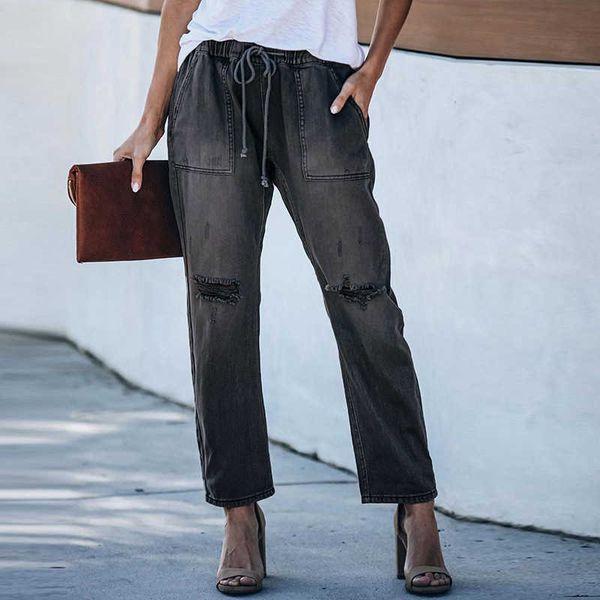 

fashion jeans summer solid color worn out women's slim tie capris 78199, Blue