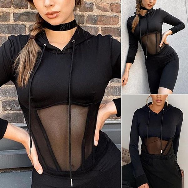 

women's fashion see-through slim long sleeve mesh hoodie black t-shirt, White