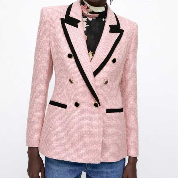 

women's suits & blazers stylish women contrast color patchwork notched lapel casual tunic blazer coats pink woolen double breasted busi, White;black