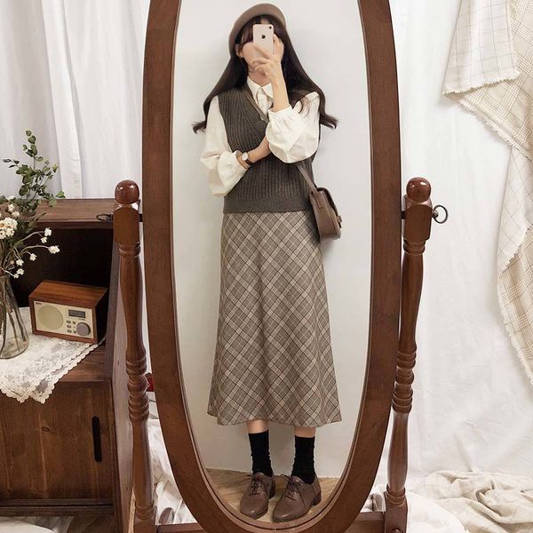 Плюс размер Harajuku корейские серые женщины молнию высокой талии школа девушка плиссированная клетчатая винтажная длинная юбка 210417