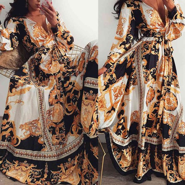 

women floral print sleeve v-neck boho vintage holiday evening party dresses loose long split bandage maxi dress new 200928, Black;gray