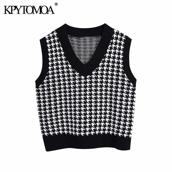 

women fashion oversized houndstooth knitted vest sweaters v neck side vents female waistcoat chic jumper 210420, Black;white