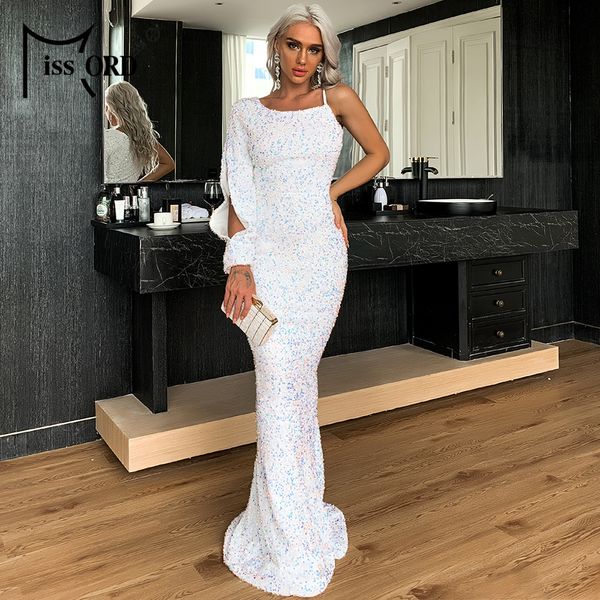 

missord 2021 one shoulder bodycon sequin dress women hollow out evening party dress autumn winter women maxi dresses m0622, Black;gray